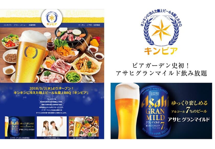 ビアガーデン史上初、アサヒグランマイルド新登場！
屋上ビアガーデン＆BBQ「キンビア マルイ錦糸町店」が
5/2オープン。