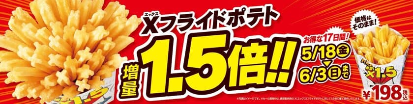 人気のＸフライドポテトお値段そのまま１．５倍！
お得な１７日間が始まります