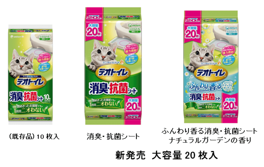 「もっと大容量のトイレシートが欲しい!!」という飼い主が増加
　『デオトイレ(R)』消臭・抗菌シート大容量20枚入　
合わせて、ふんわり香るナチュラルガーデンの香りを追加
　2018年8月1日より全国で新発売