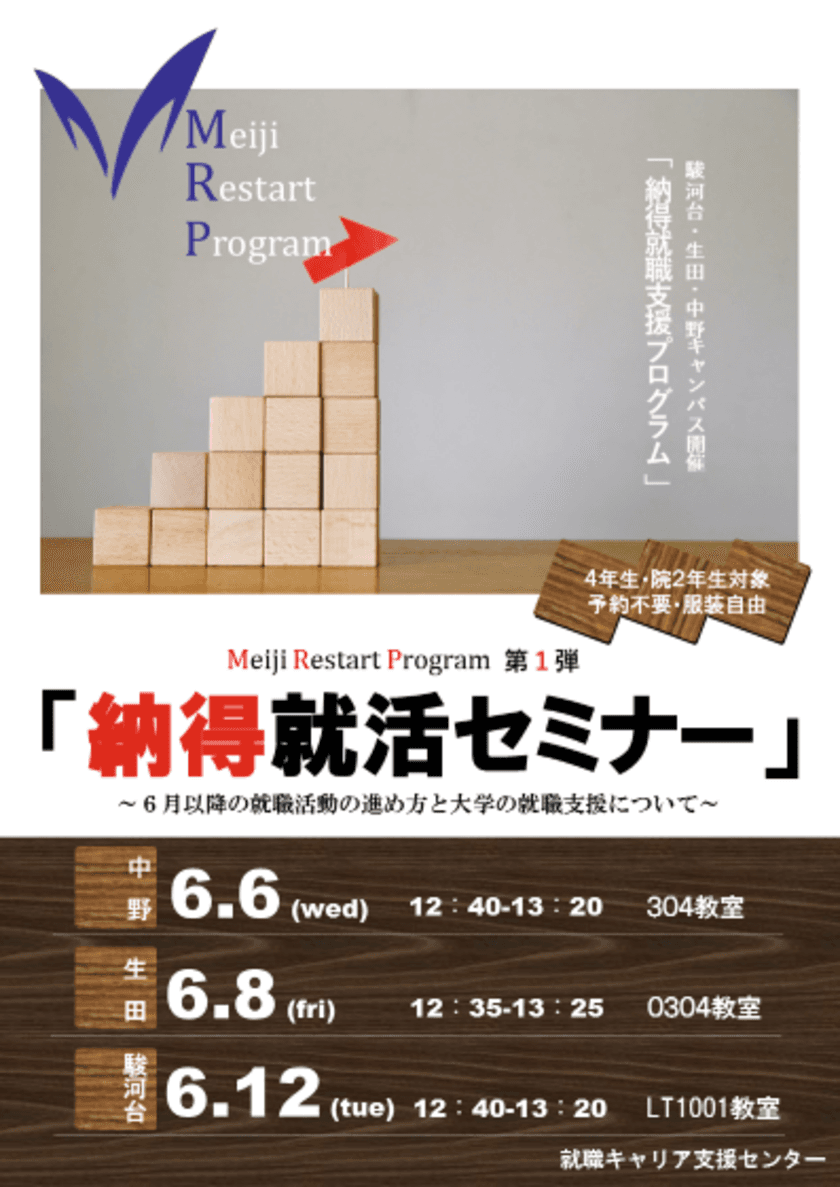 “就職の明治”ならではのサポート
学部4年生を対象とした
「納得就活支援プログラム
～Meiji Restart Program～」が
6月からスタートします！