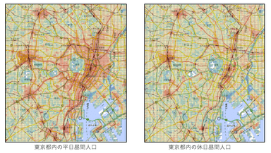 東京都内の平日(左)と休日(右)の昼間人口(12-15時)の比較