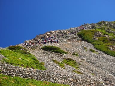 青空に続く雄山への稜線を登る