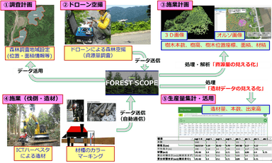 「Forest Scope」活用の流れと森林資源量の見える化イメージ