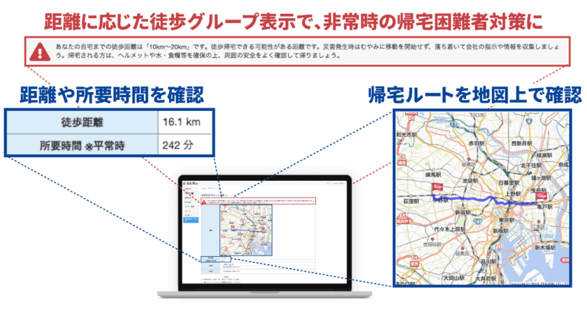 非常時徒歩ルート検索アップデート！
会社と自宅の距離から社員の「帰宅グループ」表示を追加