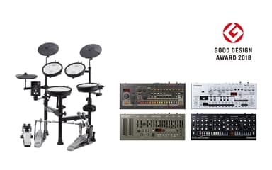 Vドラム『TD-1KPX2』（左）と『Roland Boutiqueシリーズ』の『TR-08』（左上）、『TB-03』（右上）『SH-01A』（左下）、『SE-02』（右下）