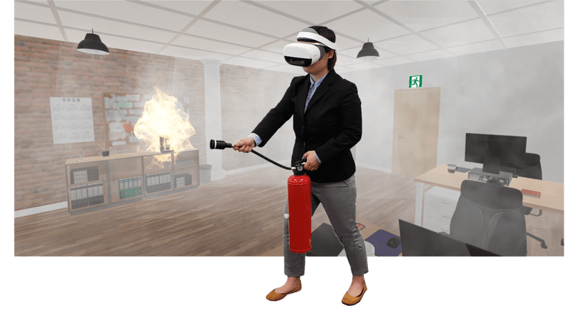 【日本初】
スタンドアロン型VRゴーグルを用いた消火訓練システム
「VR消火訓練シミュレータNeo」を販売開始　
～VR空間内を歩いて、訓練用消火器で消火訓練～