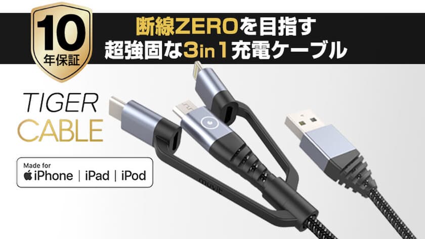 10年保証！フランス発、超強固なType-C+ライトニング付3in1充電ケーブル
クラウドファンディングMakuakeで11月14日より登場
