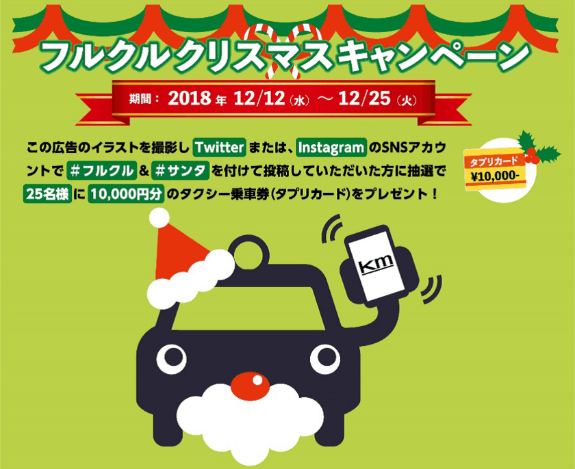 登録不要・迎車料金不要の「振って呼ぶタクシーアプリ
『フルクル』」を使って、挨拶回りなどで忙しい年末の移動を
さらに快適に！ハッシュタグをつけてSNSに投稿すると
豪華特典が当たる『フルクルクリスマスキャンペーン』を
12月12日(水)より開始！