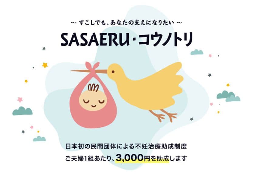 民間団体として日本で初めて、不妊治療費の助成を実施
＜SASAERU・コウノトリ＞