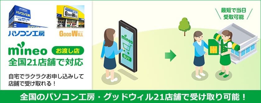 パソコン工房・グッドウィル全国21店舗にて　
『mineoお渡し店』取扱い開始。
Webでmineoをご契約後に任意の日時に店舗でSIMの受け取りが可能に！