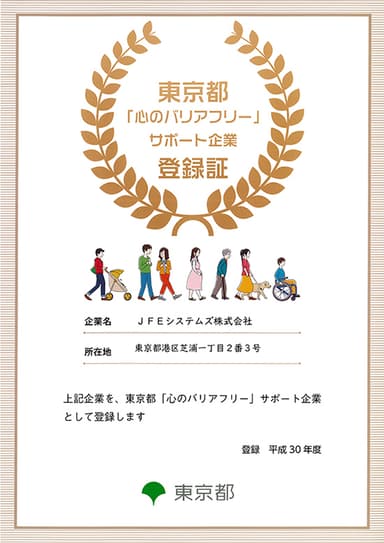 東京都「心のバリアフリー」サポート企業登録証