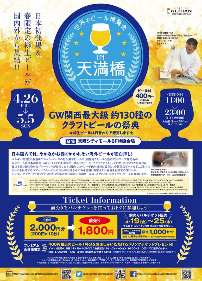 GW関西最大級！約130種の樽生クラフトビールの祭典
「世界のビール博覧会in天満橋」開催