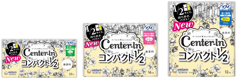 『センターインコンパクト1/2』シリーズが、
見た目も機能もパワーアップ！
“Ｗフィット構造”搭載で外出時のモレにくさを改善
　2019年4月より全国で発売