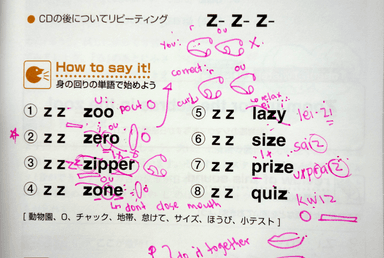 テキストに書き込まれた「発音記号」や「舌の動きを表すイラスト」