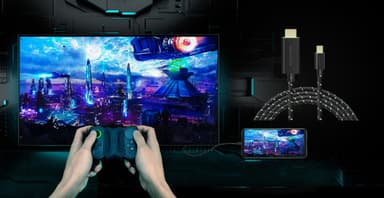 Black Shark2を大型モニターと接続してゲームをプレイするイメージ