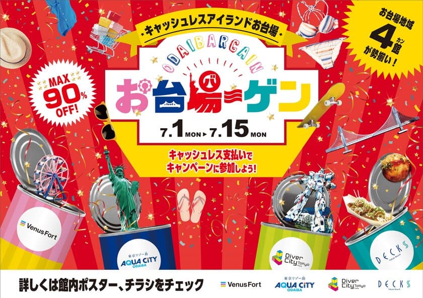 最大90％OFF!! キャッシュレスがお得な夏の合同バーゲン
「お台場ーゲン」 7月1日(月)～7月15日(月・祝)同時開催！