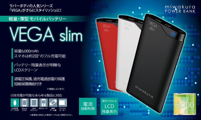 美和蔵モバイルバッテリー累計生産数5万5千突破！　
軽量・薄型モバイルバッテリー『VEGAslim(ベガスリム)』
好評発売中！