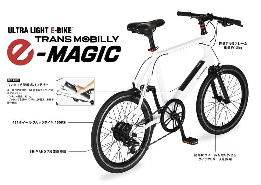 走行性抜群！
スポーツモデルのミニベロ電動アシスト自転車
「TRANS MOBILLY E-MAGIC
(トランスモバイリー イーマジック)」が新登場！