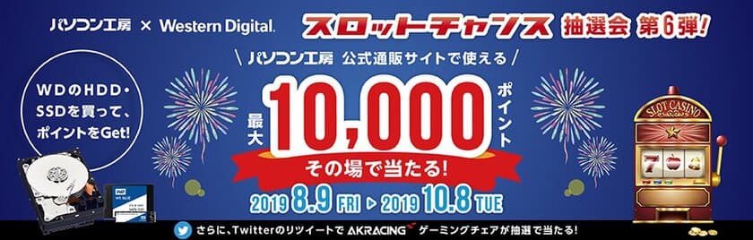 パソコン工房&ウエスタンデジタル コラボ企画
その場で当たるスロットチャンス抽選会 第6弾！
最大10,000ポイントがあたるキャンペーン！！