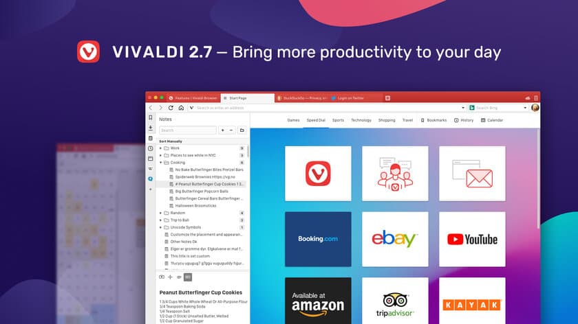 無料ウェブブラウザー「Vivaldi」
新バージョン 2.7をリリース