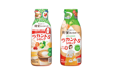 ラカントSシロップ(左：ドラッグ、健康食品売り場用／右：スーパー、甘味料売り場用)