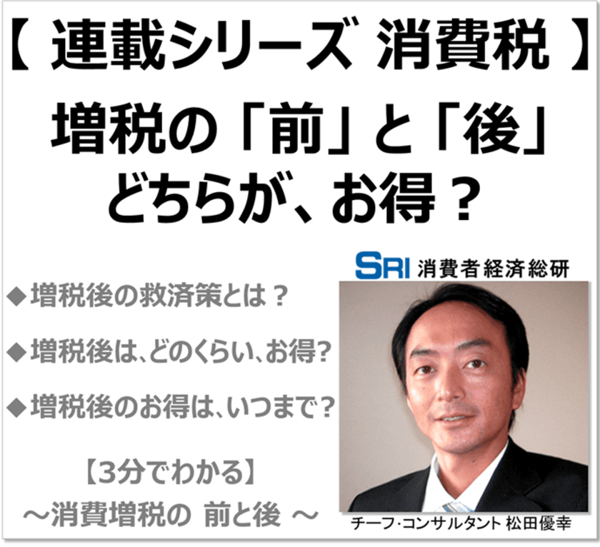 知らないと損｜消費増税の前・後はこちらがお得！
3分でわかる「連載シリーズ 消費税」　
増税への「救済策」もあり、
増税の前と後では、どう変わるかを徹底解説