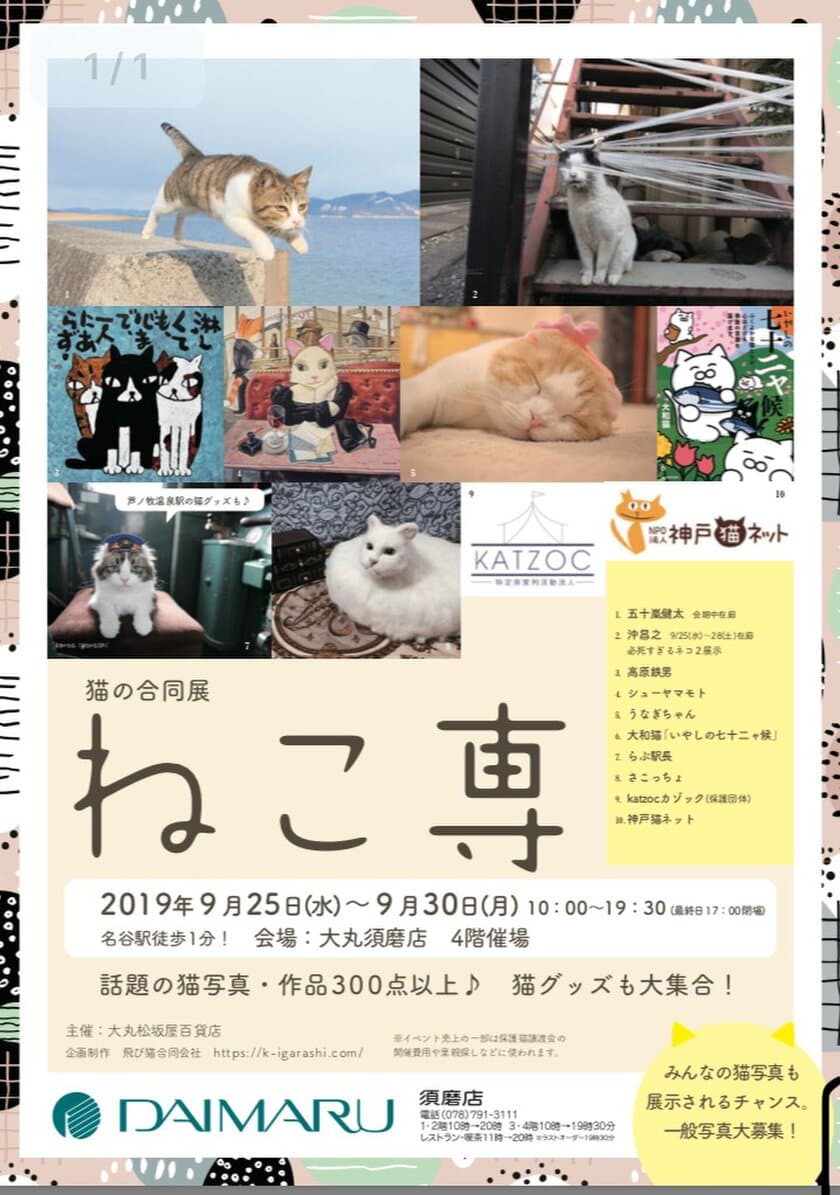 猫をモチーフにした猫の合同展「ねこ専」が
大丸百貨店須磨店で9月25日～30日に開催