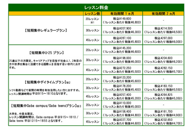 Gaba 冬の短期集中プラン レッスン料金表