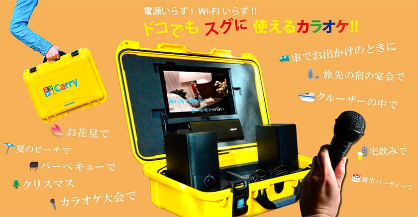 屋内・屋外問わず、4万曲以上の業務用並みの高品位な
通信カラオケが楽しめるマイク＆スピーカー搭載の
キャリーバッグ型「スマカラCarry」発売