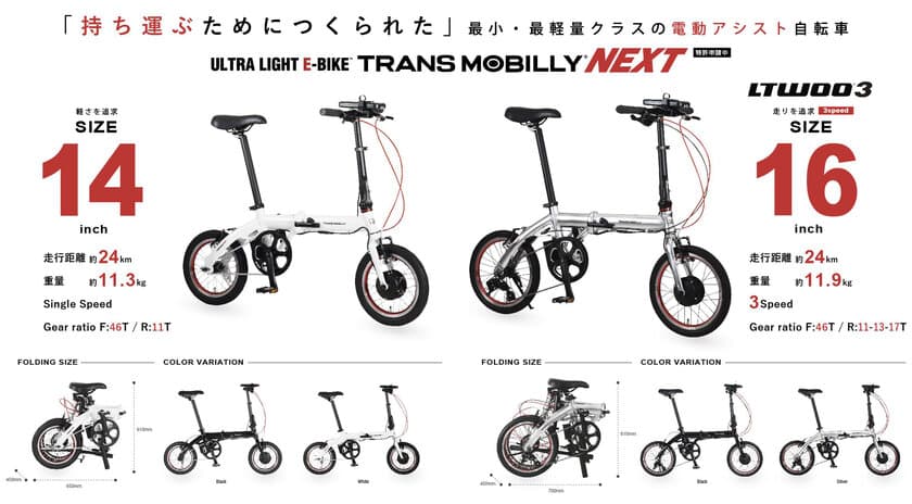 持ち運ぶためにつくられた電動アシスト自転車
　ULTRA LIGHT E-BIKE
「TRANS MOBILLY(トランスモバイリー)」が
より軽く！よりリーズナブルにモデルチェンジ！
CYCLE MODE international 2019に登場！