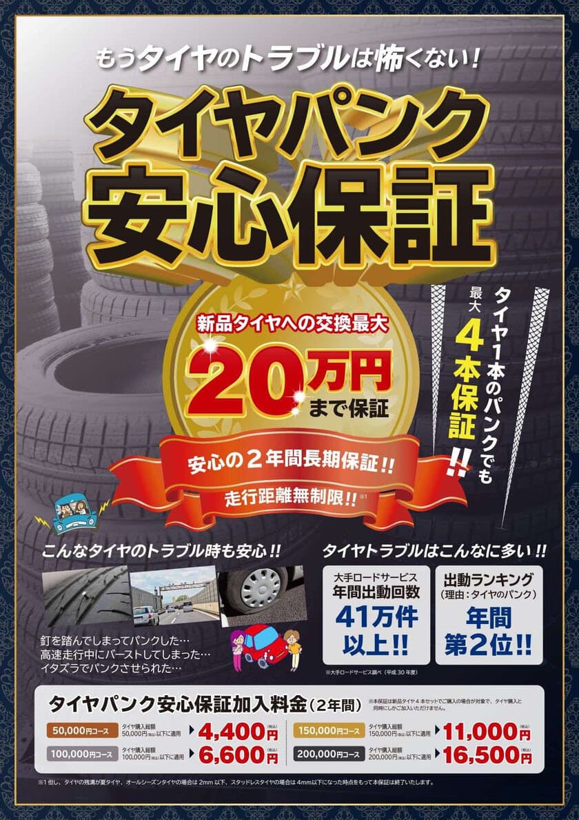 岡山県民必見！東真産業のENEOSサービスステーションにて
タイヤを購入いただいたお客様を対象とした
「タイヤパンク安心保証」サービスを11月13日(水)開始！