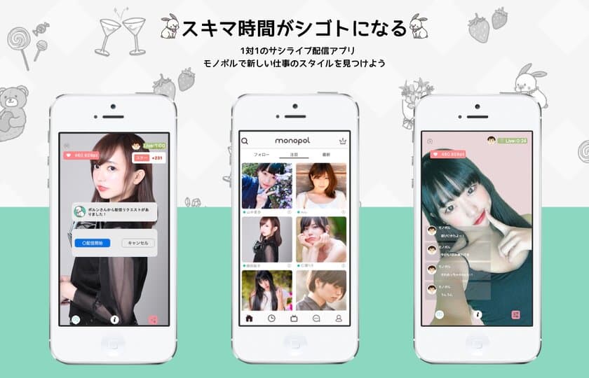 SNSライブ配信のネクストトレンド！？
1対1のサシ配信＆タイムシェア収益！
iPhone版アプリ「Monopol(モノポル)」β版サービス開始