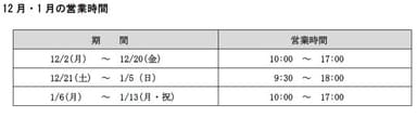 12月・1月の営業時間