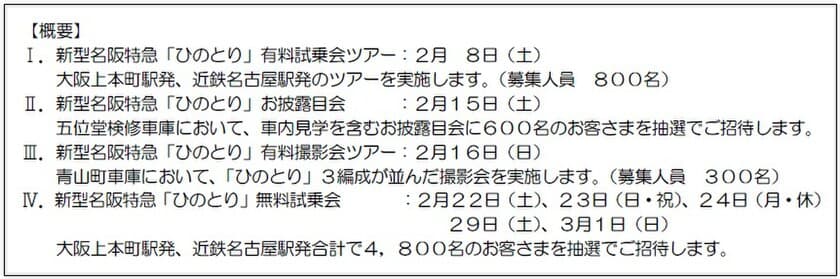 ２０２０年３月１４日の運行開始に先立ち、一般のお客さまを対象とした
新型名阪特急「ひのとり」の試乗会、お披露目会、撮影会ツアーを実施します！