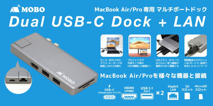 MacBook Air／Proを便利に拡張！
USB-Cマルチポートドック新モデルを発売　
HDMIやUSB、カードリーダーに加えて
ギガビット・イーサネットポートも簡単増設