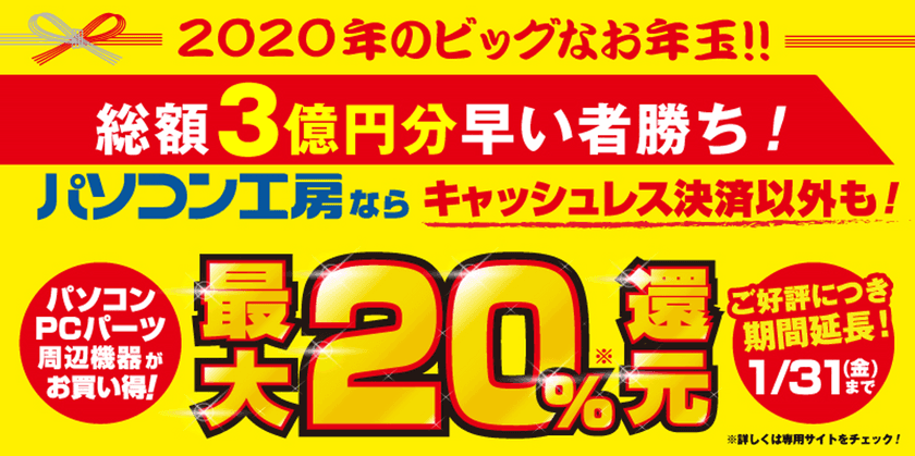 パソコン工房から2020年のビッグなお年玉！
総額3億円分 最大20％還元キャンペーンが“さらにパワーアップして”
2020年 元旦の「新春初売りセール」から延長開催が決定！