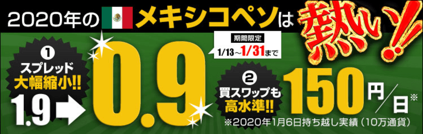 ＦＸプライムｂｙＧＭＯ、
メキシコペソ/円のスプレッド大幅縮小キャンペーンを開始！
～業界トップクラスのスワップポイント継続で
メキシコペソ/円が熱い！！～