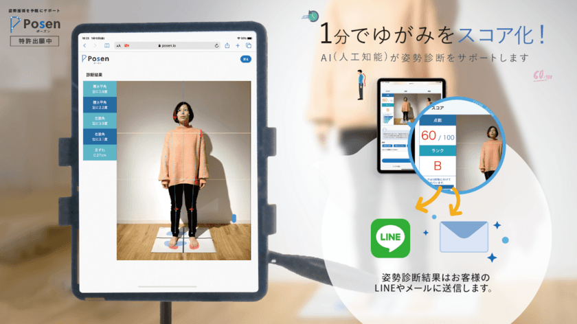 姿勢の歪みを1分で診断できるAIシステム「Posen(ポーズン)」　
1月22日販売開始！現代人の身体悩みを解決するサポートに