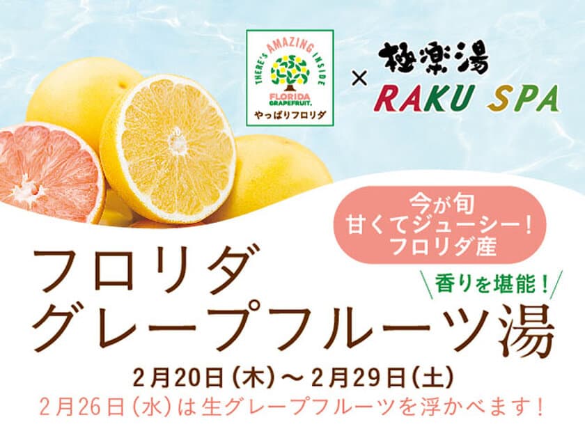 今が旬！フロリダグレープフルーツが堪能できるコラボ！
グレープフルーツの香り湯を
極楽湯・RAKU SPA 直営10店舗にて展開！
2月26日には生グレープフルーツを投入する他、
期間限定コラボが登場