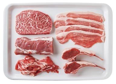 【赤身肉　左上より時計まわりに　牛もも肉、豚もも薄切り肉、ラム肉、牛赤身薄切り肉、豚ヒレ肉】