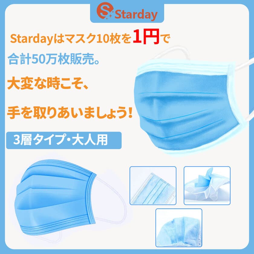 新型コロナウイルス対策でマスク50万枚を用意！
通販サイトStardayで10枚1円で販売