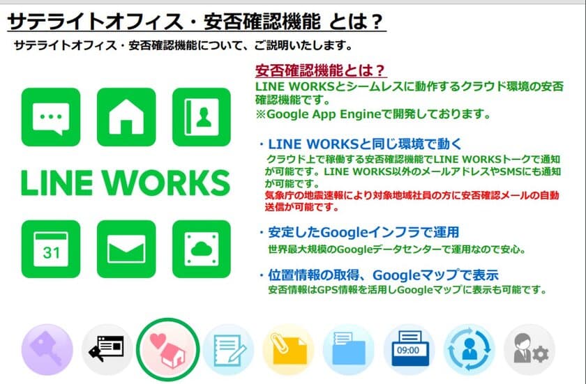 サテライトオフィス、
ビジネス版LINE「 LINE WORKS 」導入企業向けに、
新型コロナウイルス対策支援として、
アドオンツール「安否確認機能」を1年間無償提供　
サービス名：サテライトオフィス・安否確認 for LINE WORKS