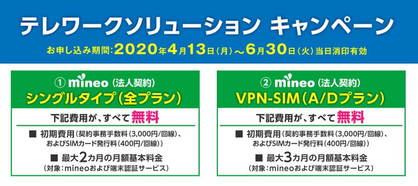 mineo 企業のテレワーク導入を支援！
初期費用「無料」・月額基本料金「最大3カ月無料」