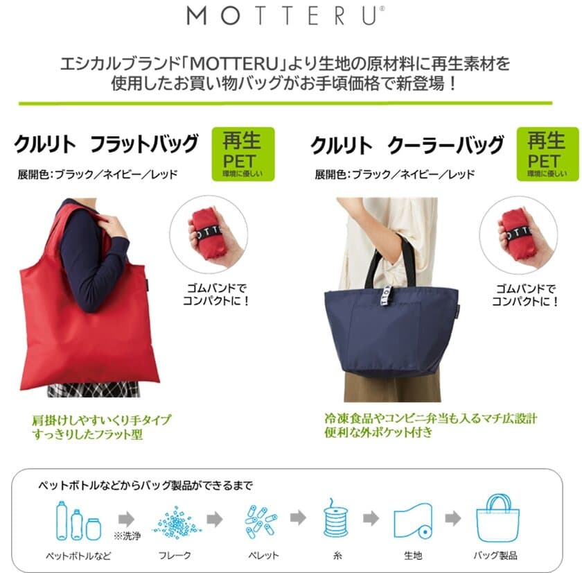 エシカル雑貨ブランド「ＭＯＴＴＥＲＵ」より環境に配慮したバッグシリーズが新登場！
再生素材の生地を使用したエコバッグがお求めやすい価格で販売開始！