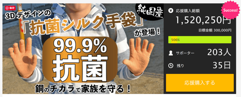 【99.9％抗菌】クラウドファンディングで500％達成　
奈良県大和高田市の主婦が開発した
銅繊維使用の「抗菌シルク手袋」