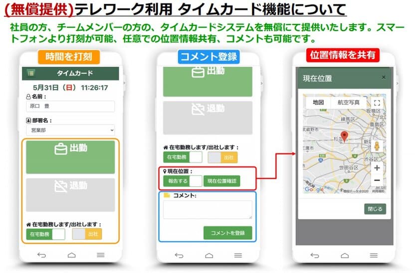 サテライトオフィス、アフター／ウィズ コロナ対策支援で、
タイムカード／社内報告機能など、
テレワーク用アプリケーション5種を無償提供