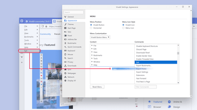 Vivaldi 3.1 メニュー項目を編集