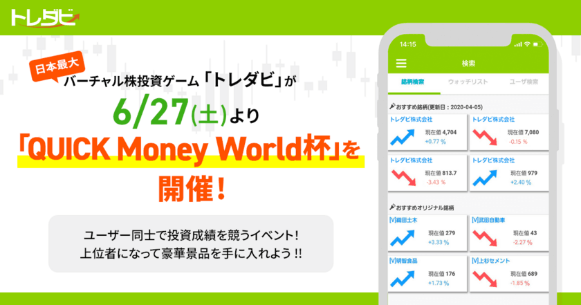 Finatextホールディングスの子会社が運営する
日本最大のバーチャル株投資ゲーム「トレダビ」が
6/27(土)よりトレダビ内で「QUICK Money World杯」を開催