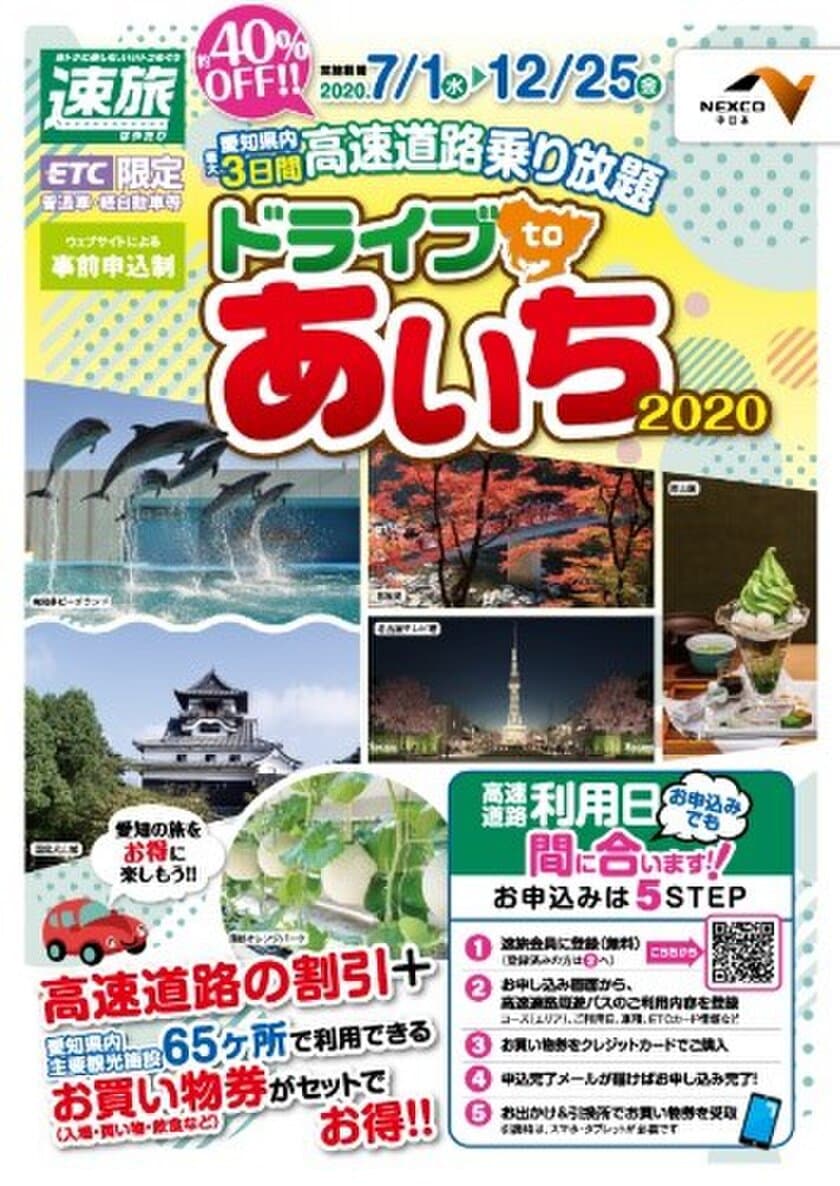 高速道路でおトクに愛知を満喫！
「速旅『ドライブtoあいち2020』」が7月からスタート！
～65の観光施設などでご利用いただけるお買い物券付き～