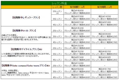 「Gaba 夏の短期集中プラン」料金一覧